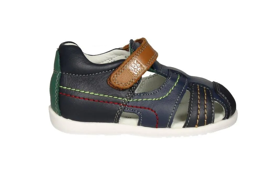 Bota Sandalia Piel Azul Velcro Cuero Pespuntes Colores