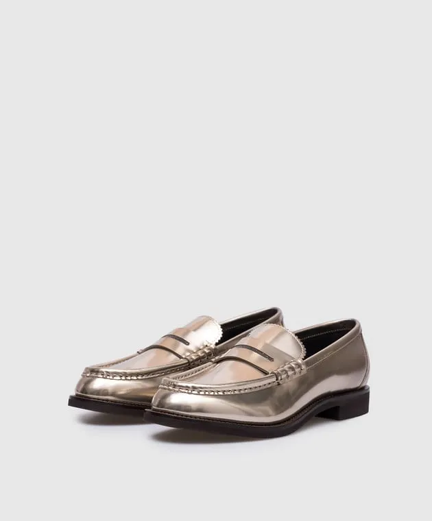 Brunello Cucinelli Gold leather loafers with monil chain