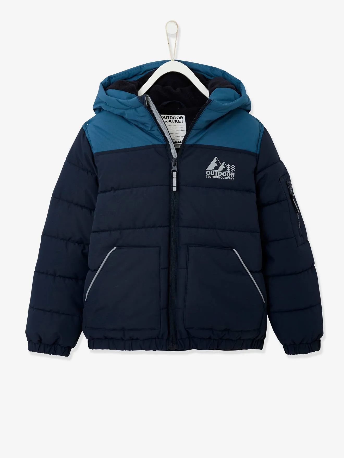 Chaqueta acolchada con capucha bicolor y relleno de poliéster reciclado, para niño