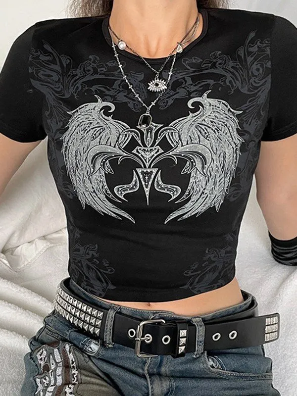 Top corto con estampado de ala grunge con decoración de diamantes de imitación