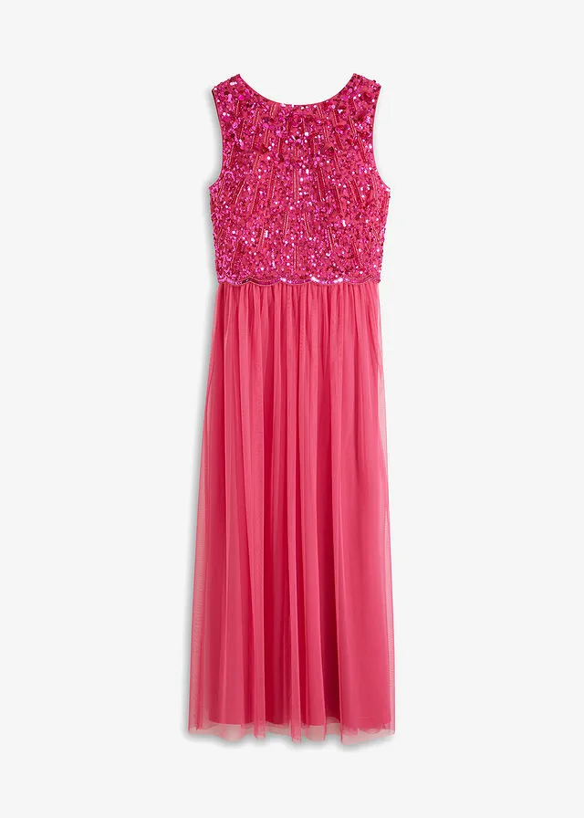 Vestido largo con aplicación de perlas Rosa oscuro